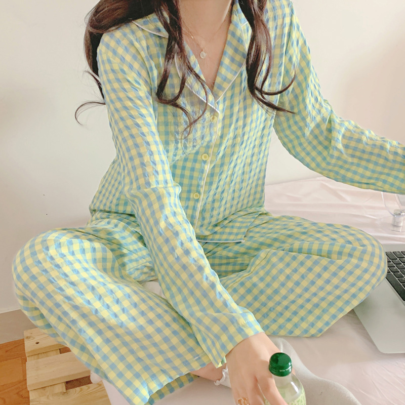 Women's Sleepwear Yasuk Spring Autumn Fashion Women's Casual Lovely Plaid Sleepwear Nightgow Retro Pajamas Set With Pants Trouser Year Soft 