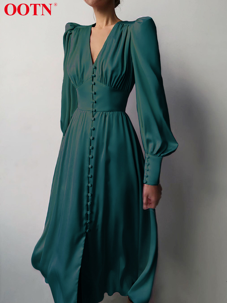 Casual Dresses OOTN White Single Breasted Elegant Dress For Women Party Robe High Waist Satin Long Dress Chic Midi Dresses Lantern Sleeve 230223