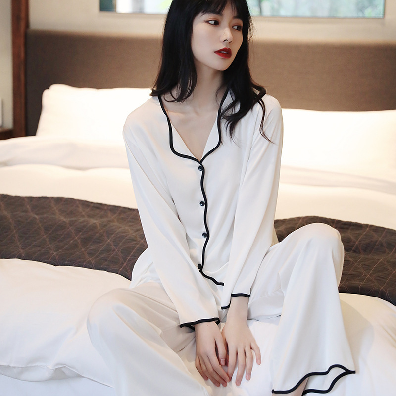 Women's Sleepwear Pajamas Women Sleepwear Spring Summer Thin Ice Silk Satin Loungewear Trouser Suits Solid White Black Edge Long Sleeve Home Wear