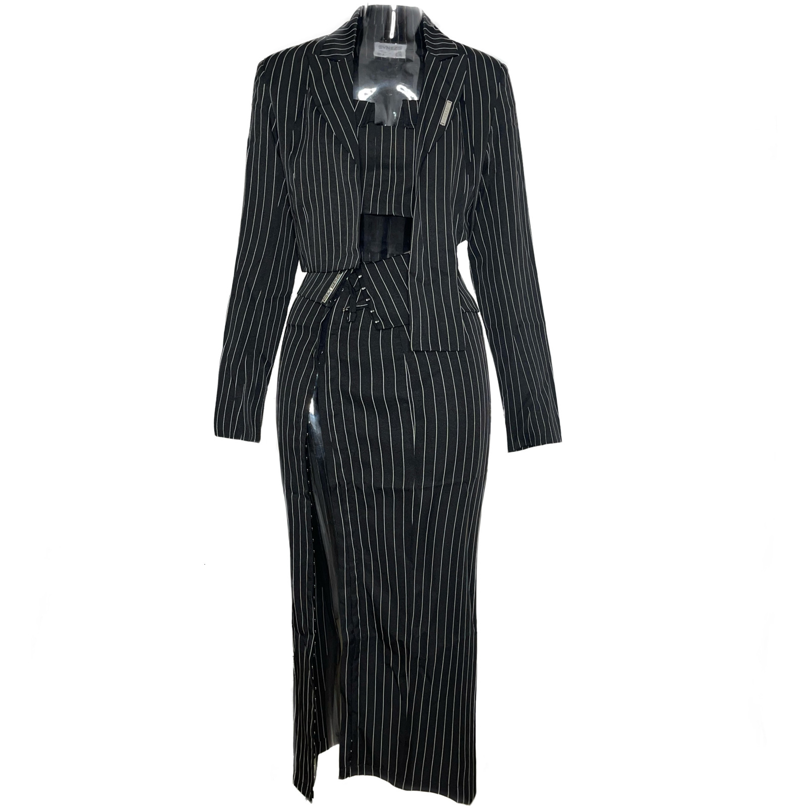 Two Piece Dress European Intellectual Beauty Stripe Sexy Asymmetrical Vest Wrapped Chest Longsleeved Suit Buttoned Skirt Threepiece Set 230222