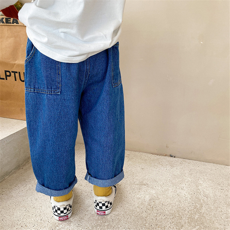 Jeans All-match Straight Denim Pants Korean Style Boys Washed Cotton Jeans 1-7T Solid Color Fashion Toddler Girl Fall Clothes Wide Leg 230223