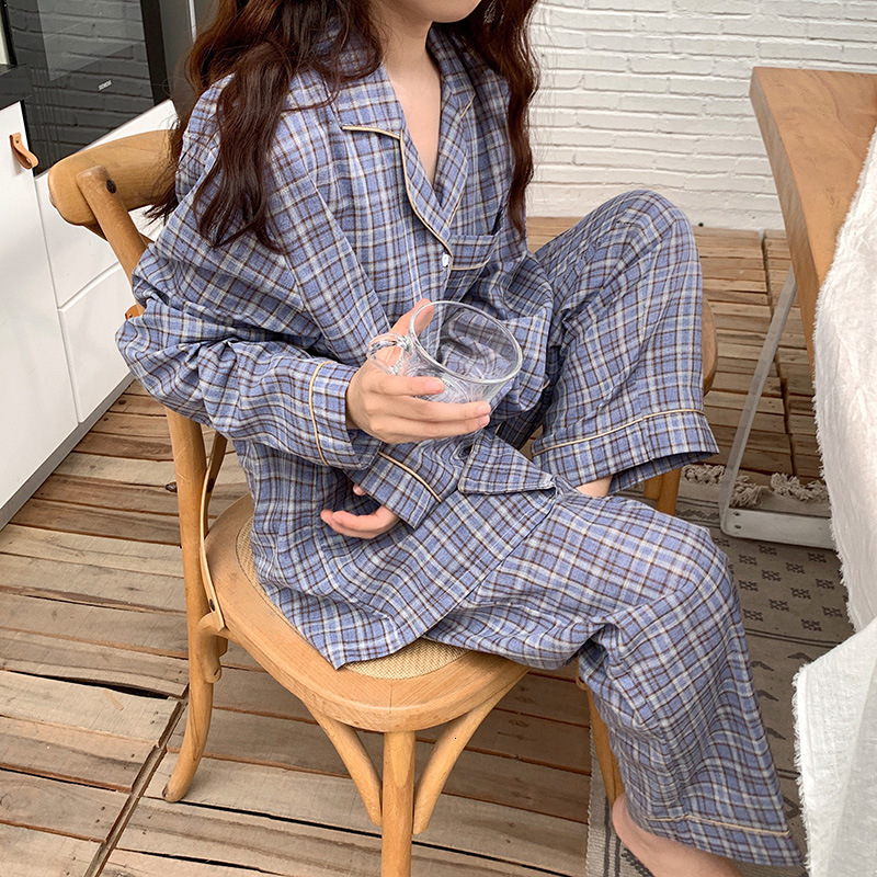 Women's Sleepwear Ladies Autumn Pijamas Women Printed Plaid Pajamas Set Lapel Long-sleeved Trousers 2-piece Home Service Casual Pajamas Sleepwear
