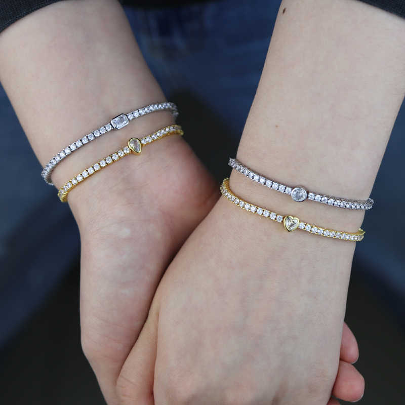 Link Chain Geometric CZ Tennis Bracelet Gold Silver Plated Prong Set Slim 2.5mm Cubic Zirconia Chain Iced Out Bling Fashion Women Jewelry G230222