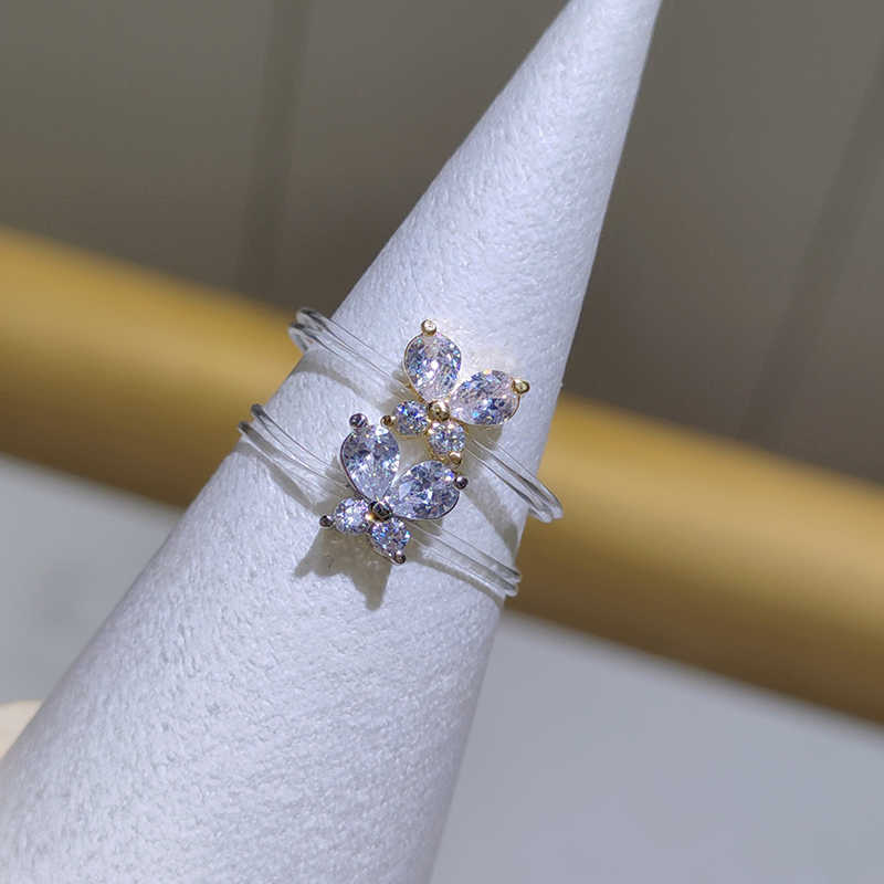 Band Rings New Sweet Trendy Women's Ring Fashion Invisible Transparent Line Brass Ring Pretty Butterfly Zircon Jewelry Accessory Girl Gift G23021