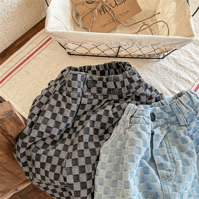 Jeans deer jonmi Spring Baby Boys Plaid Denim Pants Korean Style Toddlers Kids Loose Casual Jeans Children Calf-length Trousers 230223