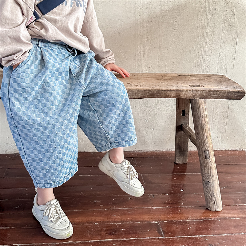 Jeans deer jonmi Spring Baby Boys Plaid Denim Pants Korean Style Toddlers Kids Loose Casual Jeans Children Calf-length Trousers 230223