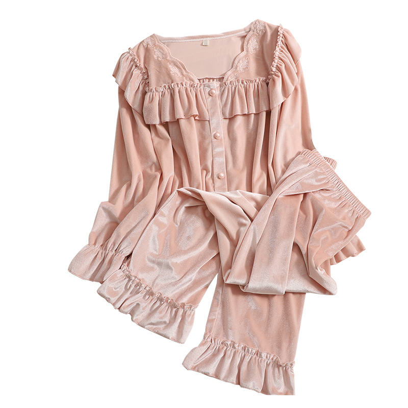 Women's Sleepwear Gaganight Women Two piece Pajamas Autumn Winter Sweet Fairy French Velvet Breasted Ruffled Loose Top Thin Harem Pants 230223