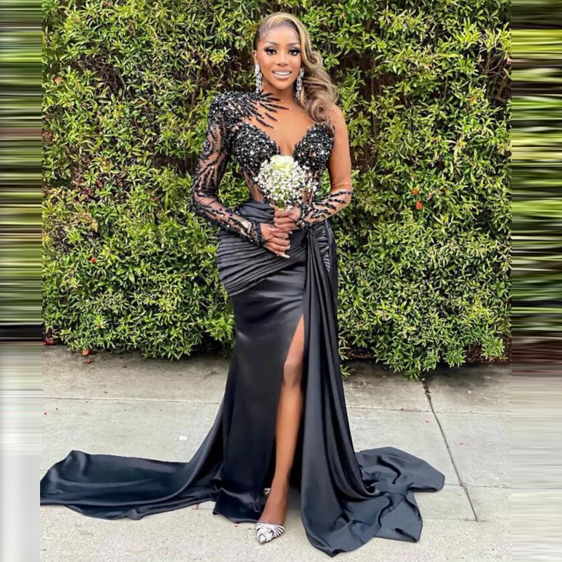 Sexy Black Girls Prom Dress 2023 With Slit Long Sleeve Gorgeous Mermaid Evening Dresses Pleat Beaded Dance Formal Party Aso Ebi African Pageant Women 