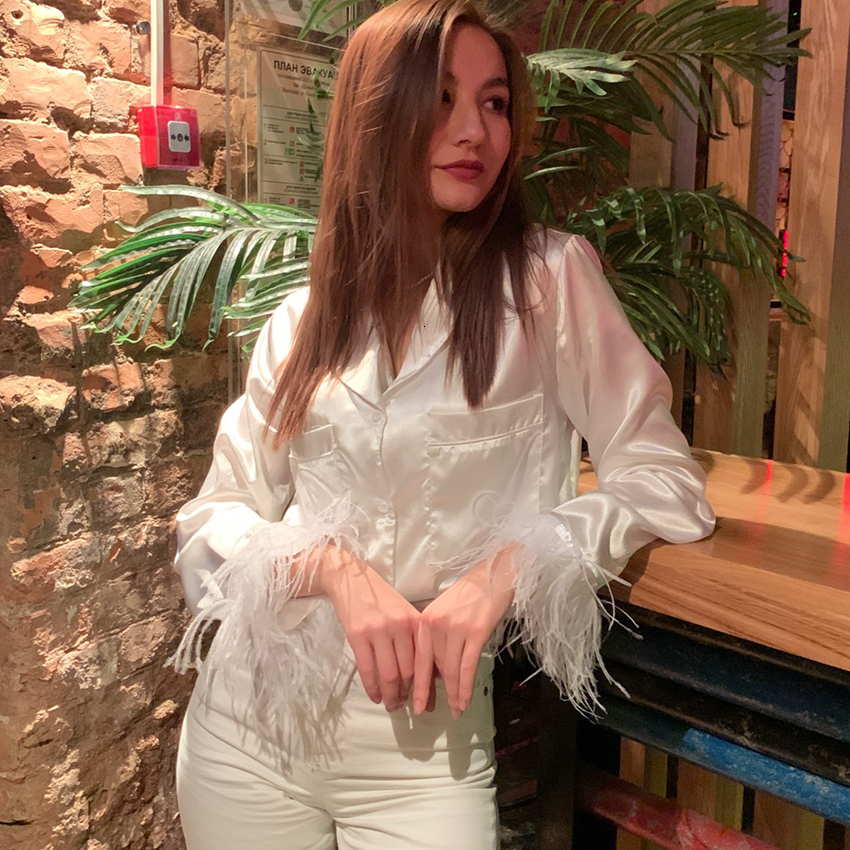 Women's Sleepwear Restve Feathers Pajamas Women 2 Piece Set Long Sleeve Turn Down Collar Tops Pockets Casual Night Suits With Shorts Autumn 23022