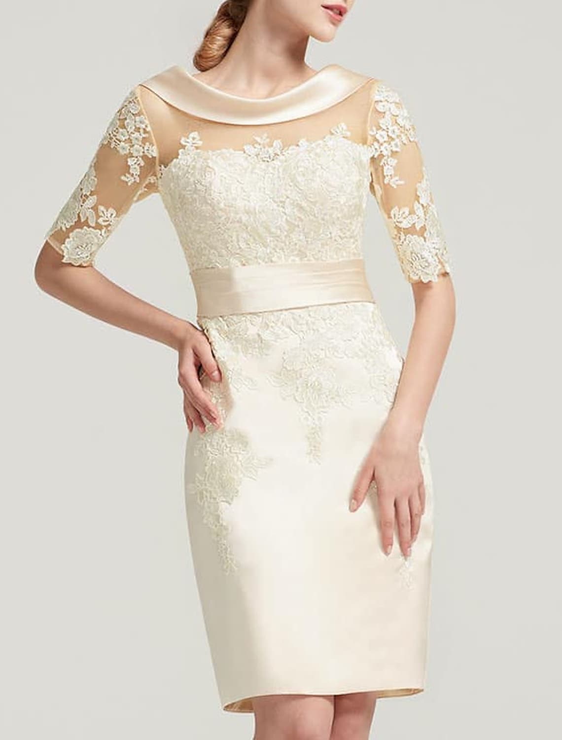 Vintage Sheath Mother of the Bride Dress Plus Size Scoop Short Sleeves Knee Length Satin Lace Wedding Party Guest Gowns Robe De Soiree 2023