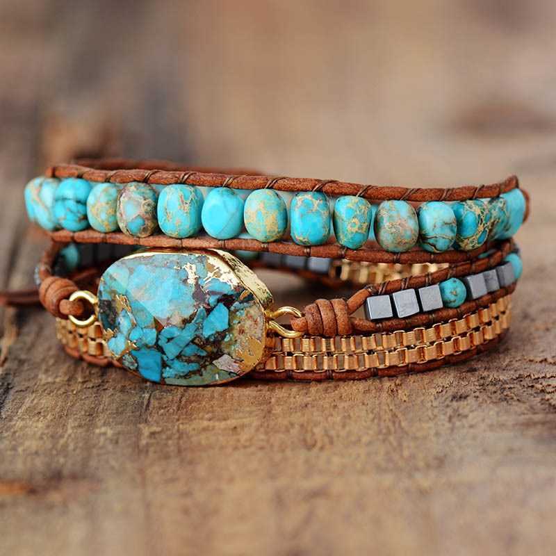 Link Chain ZG Bracelet for Women Bohemian Wind-cut Corner Turquoise Ornaments Three-layer Winding Hand-woven Leather String Female Bracelet G230222