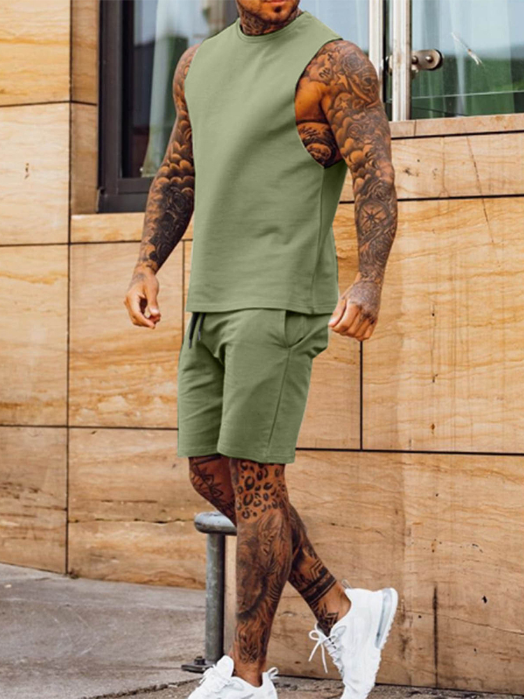 Men's Tracksuits Fashion Solid Two Piece Suits Men's ONeck Tops And Shorts Outfits Men Summer Sleeveless Casual Simplicity Sets Streetwear 2