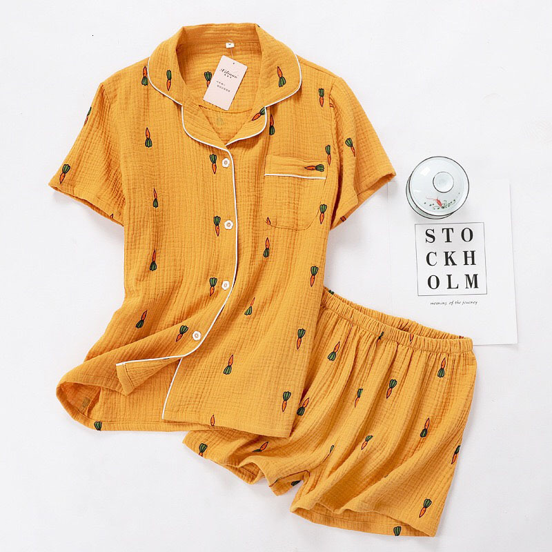 Women's Sleepwear Women Pajamas Set Summer Comfort Gauze Cotton Turn-down Collar Sleepwear Set Ladies Thin Loose Cartoon Carrot Printed Homewear 
