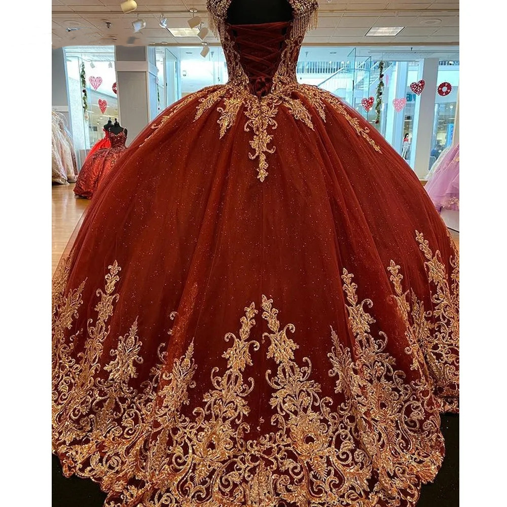 Ball Tulle Red Princess Gown Quinceanera Dresses Gold Lace Appliques Corset Prom Party Gowns Vestido De Anos S