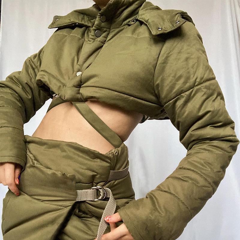 Two Piece Dress 2Pcs Women Winter Outfits Solid Color Thick Hooded Long Sleeves Coat High Waist Miniskirt Suit For Girls Blue/Army GreenTwo