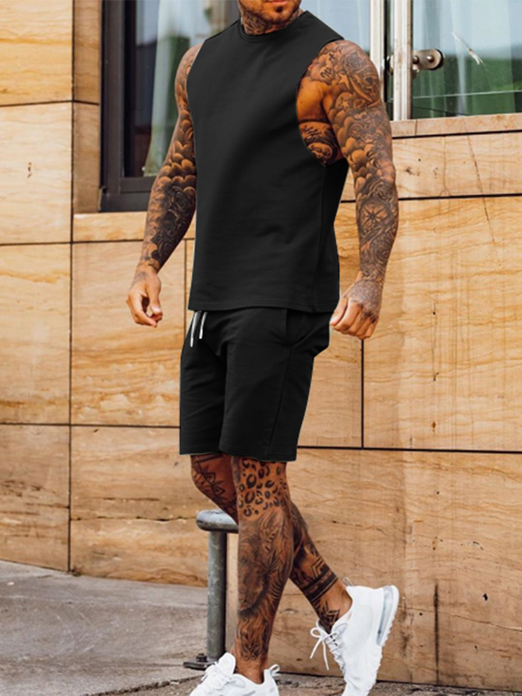 Men's Tracksuits Fashion Solid Two Piece Suits Men's ONeck Tops And Shorts Outfits Men Summer Sleeveless Casual Simplicity Sets Streetwear 2