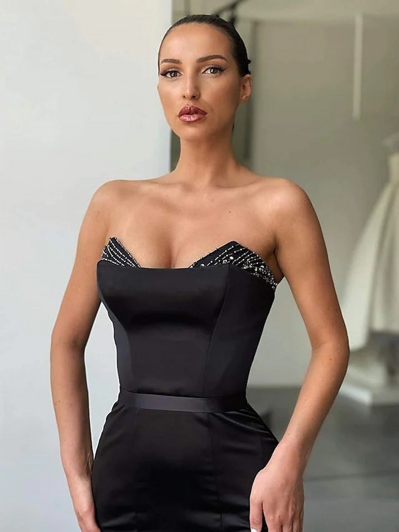2023 Mermaid Black Evening Prom Dress Sleeveless Strapless Satin Backless Beading Formal Party Gowns Sexy Abendkleider Robe De Soiree