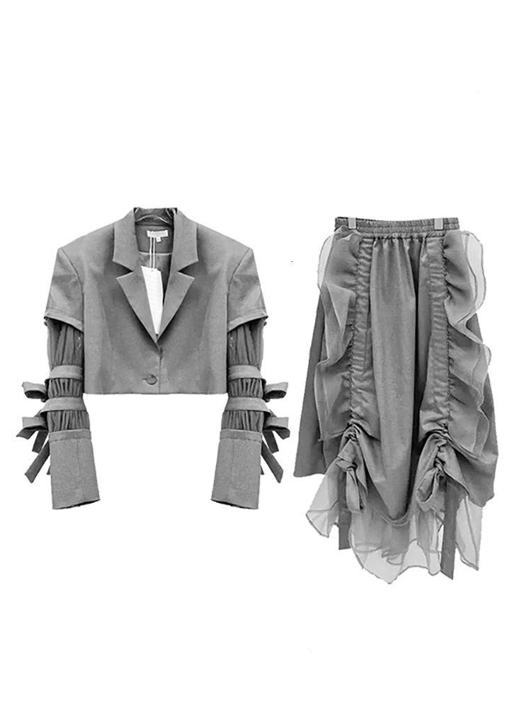 Two Piece Dress DEAT Fashion Women's 2 Pcs Set Notched Collar Single Button Spliced Lace Short Coat High Waist Pleated Skirt Spring 2023 17A6363 