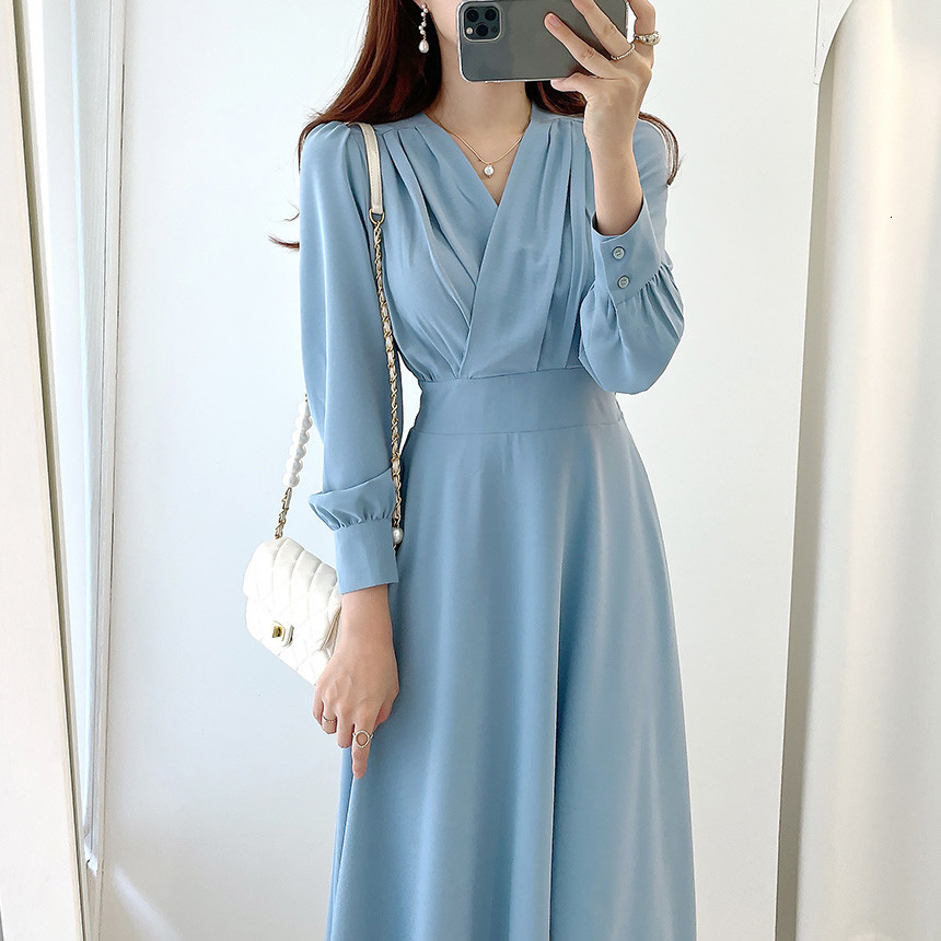 Casual Dresses Harajuku V-neck Puff Sleeve A-line Maxi Dresses for Woman Women Solid Color Midi Robe Korean Office Dresses Elegant Spring 230223
