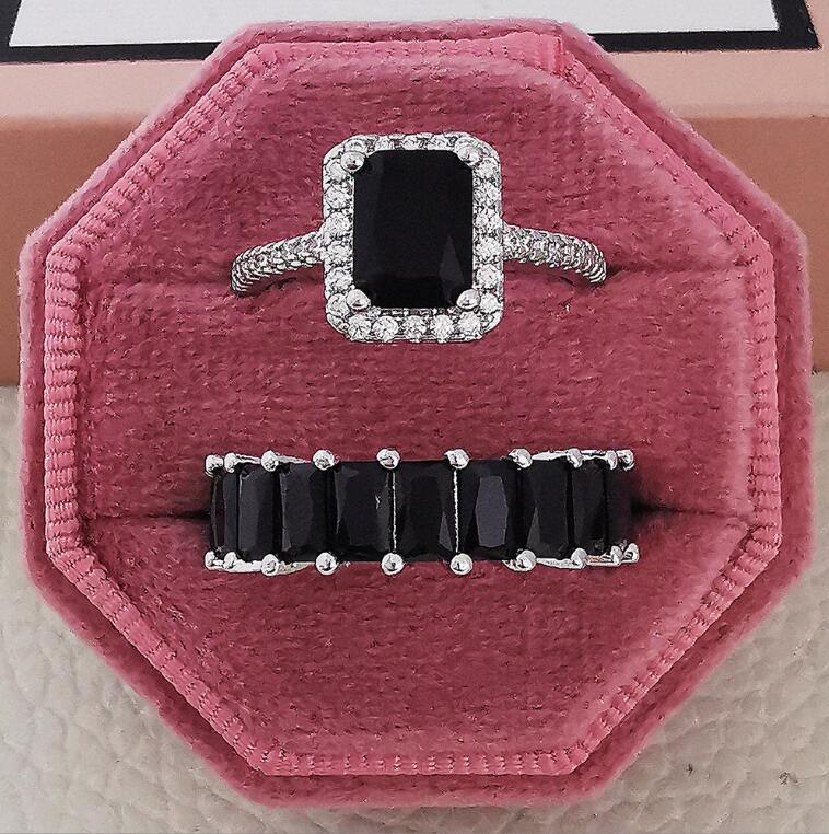 2023 Brand Wedding Rings Luxury Jewelry 925 Sterling Silver Fill Radiant Shape Black 5A Cubic Zircon Party CZ Diamond Women Engagement Bridal Ring Set