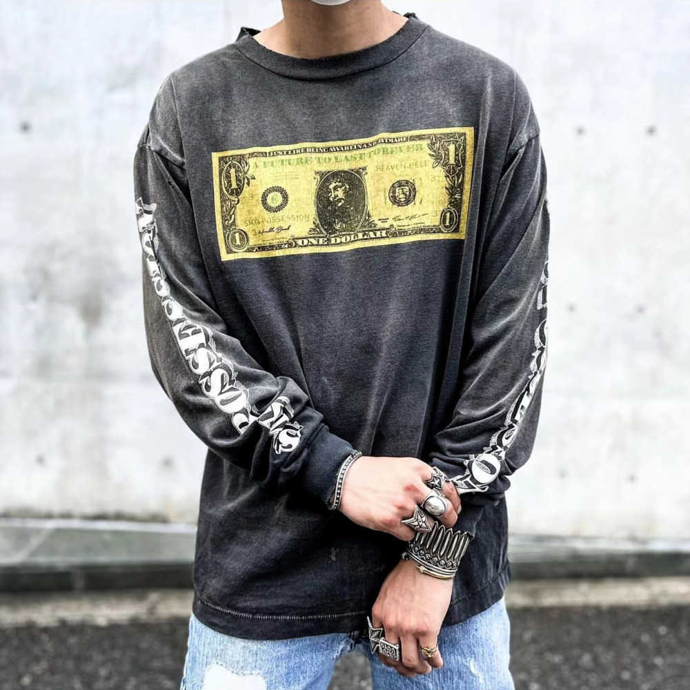 Designer Fashion Hoodie Saint Michael High Street Style 22AW Co-branded US Dollar Print Wash Round Neck Long Sleeve T-shirt Loose, Black
Designer Fashion Hoodie Saint Michael High Street Style 22AW Co-branded US Dollar Print Wash Round Neck Long Sleeve T-shirt Loose, Black