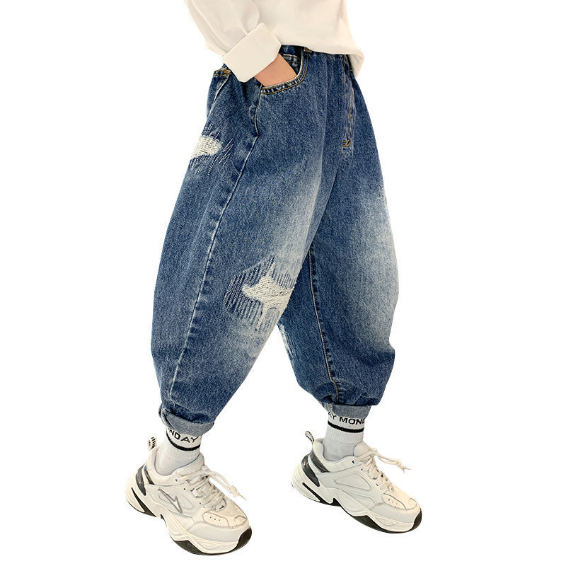 Jeans Kids Boys Jeans Fashion Clothes Classic Pants Denim Autumn Children's Teen Boys Casual Ripped Broken Long Trousers 5-14Years Old 230223