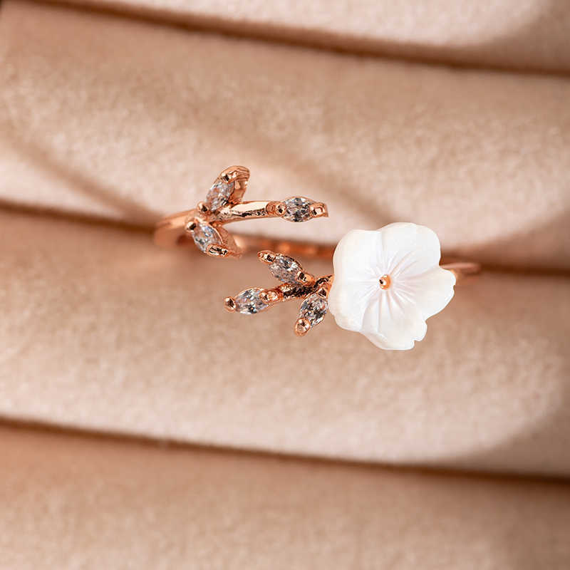Band Rings New Crystal Copper Flower branch leaf Adjustable Finger Wedding Rings for Women Rose Gold Zircon Open Ring Glamour Jewelry Gift G230213