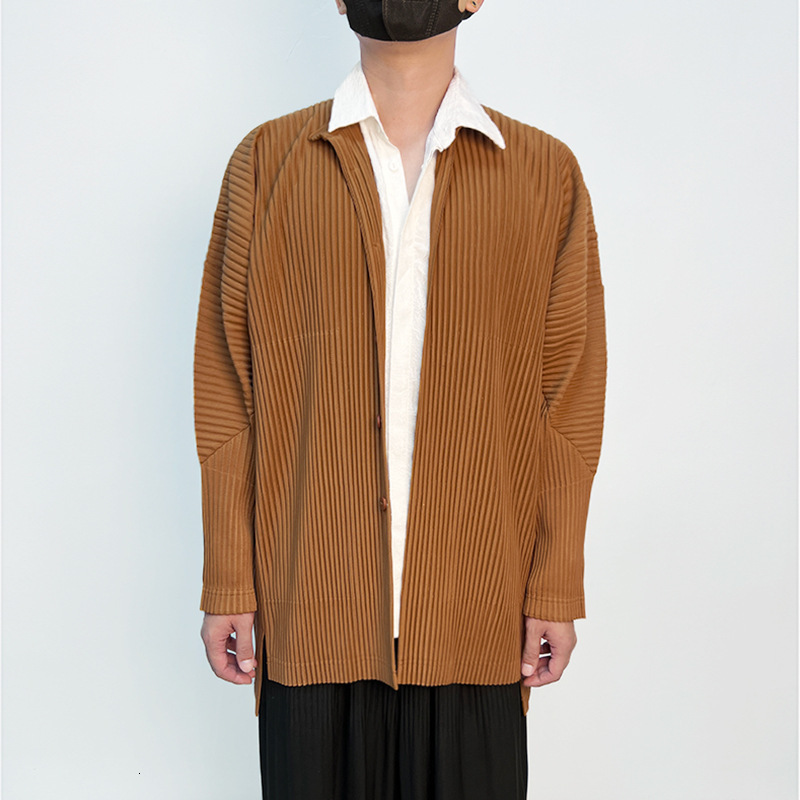 Men's Vests Miyake Pleated Long Coat 2023 Fashion Casual Small Polo Collar Blazer Cardigan Single Breasted Jacket 230223