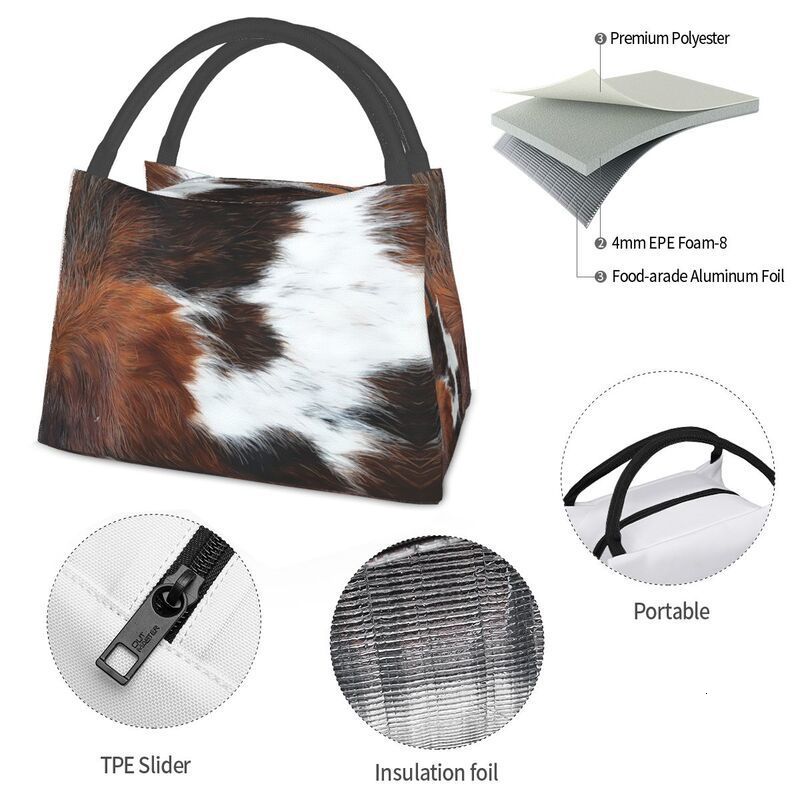 Ice PacksIsothermic Bags Scottish Highland Cow Cowhide Texture Thermal Insulated Lunch Bag Animal Hide Leather Container for Picnic Meal Food Box 2302