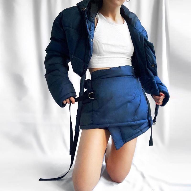 Two Piece Dress 2Pcs Women Winter Outfits Solid Color Thick Hooded Long Sleeves Coat High Waist Miniskirt Suit For Girls Blue/Army GreenTwo