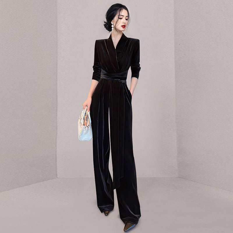 Women's Jumpsuits Rompers JSXDHK Runway Elegant Autumn Winter Velvet Jumpsuit For Women V Neck High Waist Long Sleeve Lace Up Belt Wide Leg Rompe