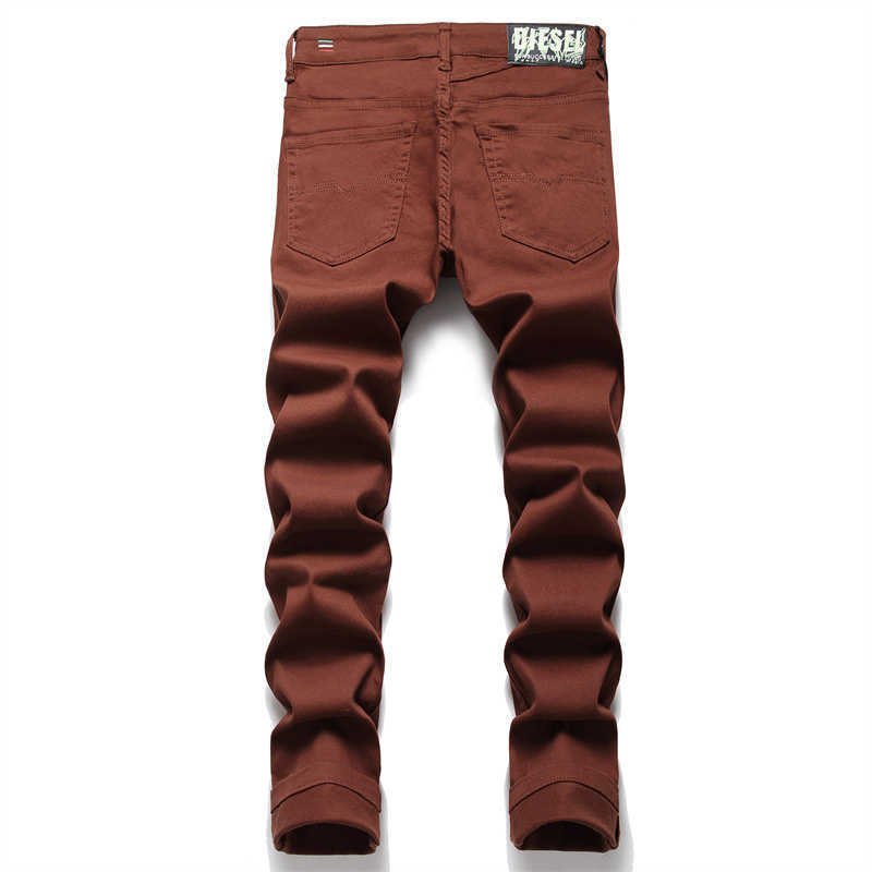 Men's Jeans Men's Brown Solid Color Fashion Jeans 2022 Slim Stretch Pencil Pants Business Casual Classic Trousers Versatile Brand Pants W022