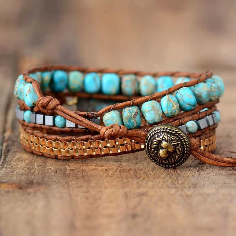 Link Chain ZG Bracelet for Women Bohemian Wind-cut Corner Turquoise Ornaments Three-layer Winding Hand-woven Leather String Female Bracelet G230222