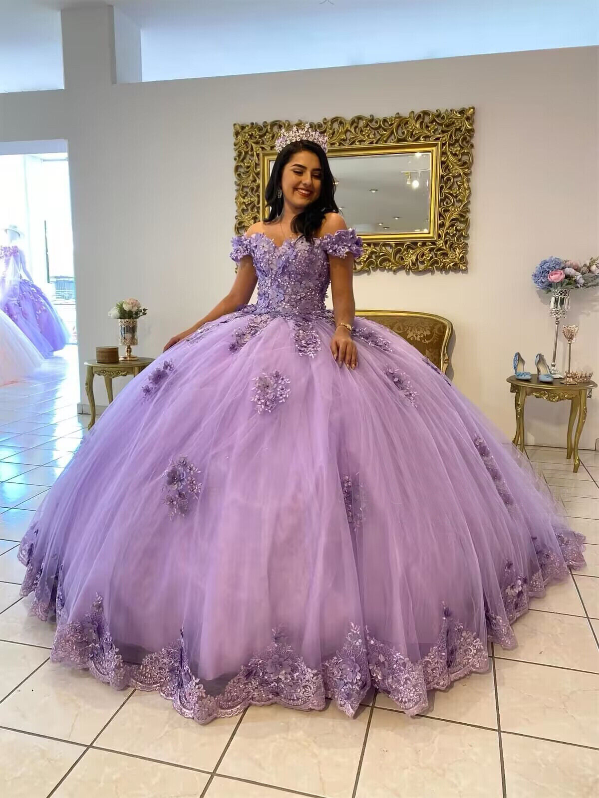 Lilac Lavender Lilac Quinceanera Dress 2024 With 3D Florals Off Shoulder Puffy Tulle Sweet Vestidos de XV anos 15 Years Birthday Vestidos Para Xv Anos
