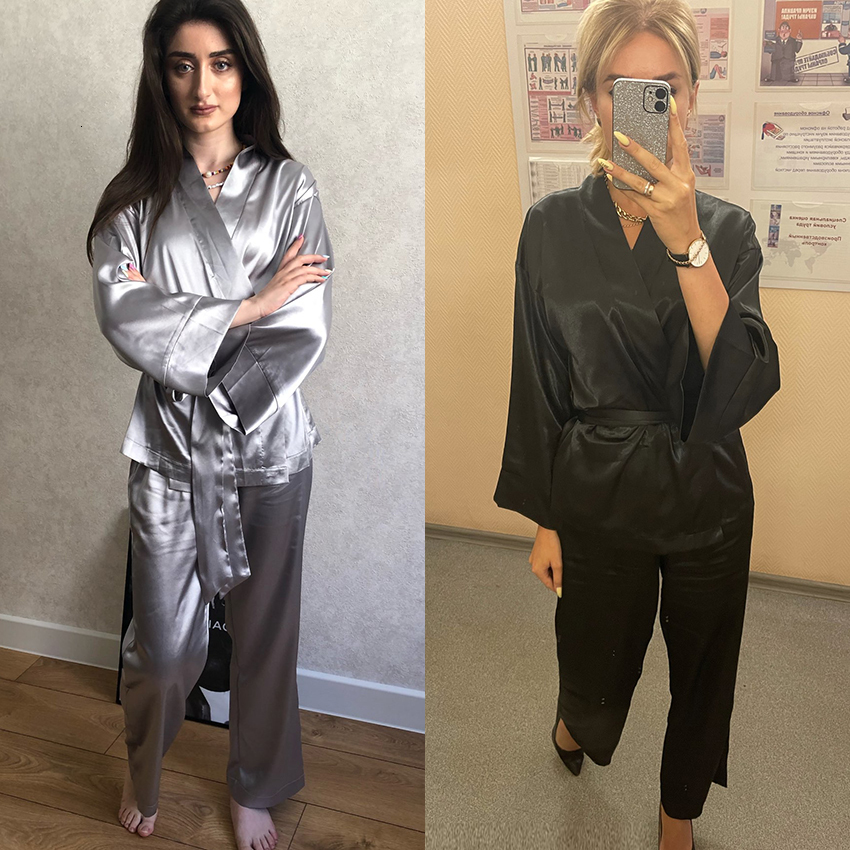 Women's Sleepwear HECHAN Solid Women Robes With Sashes 2 Piece Set Wrist Sleep Tops Satin Pants Loose Pajamas Casual Sleepwear Female Home Suits 