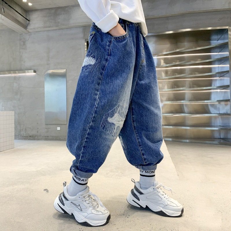 Jeans Kids Boys Jeans Fashion Clothes Classic Pants Denim Autumn Children's Teen Boys Casual Ripped Broken Long Trousers 5-14Years Old 230223