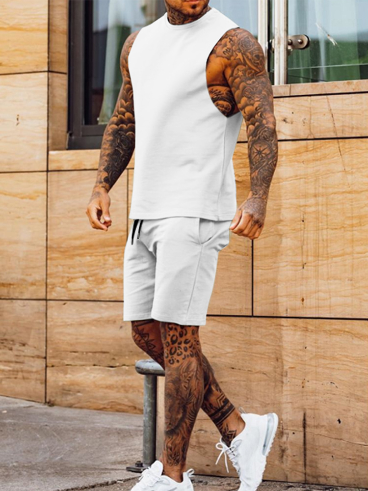 Men's Tracksuits Fashion Solid Two Piece Suits Men's ONeck Tops And Shorts Outfits Men Summer Sleeveless Casual Simplicity Sets Streetwear 2