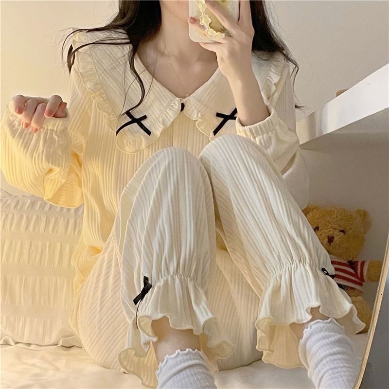 Women's Sleepwear Sweet Long Sleeve Pajama Sets Women Loose Casual Stylish Chic Homewear Single Breasted Ins Cute Bow Princess Nightwear 230223