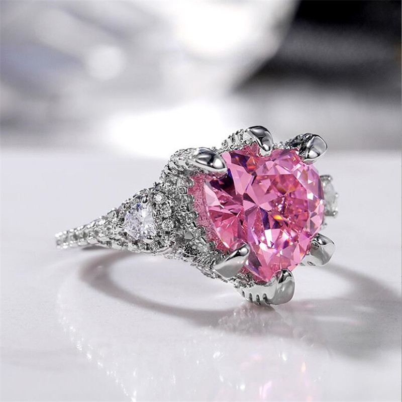 Choucong Brand Unique Wedding Rings Luxury Jewelry 925 Sterling Silver Heart Shape Pink Large Topaz CZ Diamond Promise Women Engagement Band Ring For 