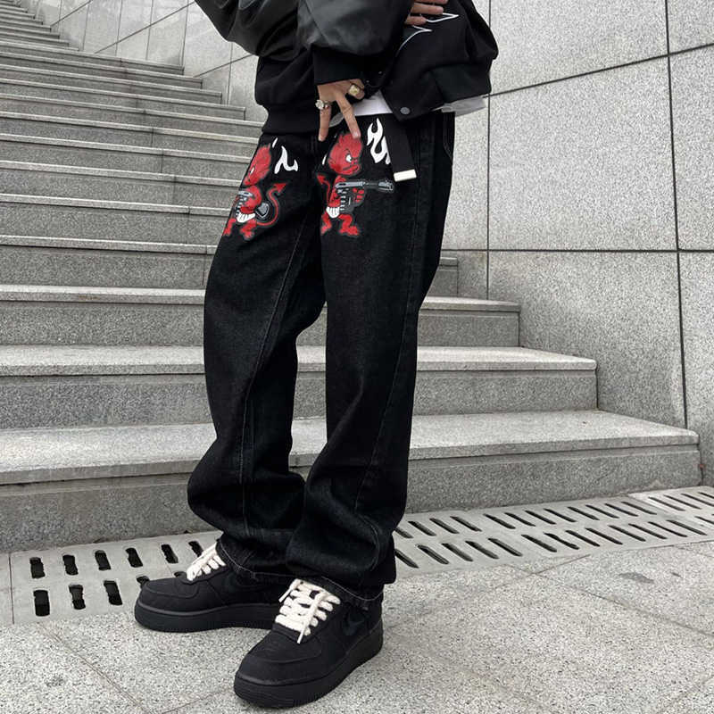Men's Jeans Y2K Korean Men Women Black Harajuku Cartoon Straight Denim Grunge Trousers Jeans Print Baggy Jean Pants Streetwear Brand Clothes W022