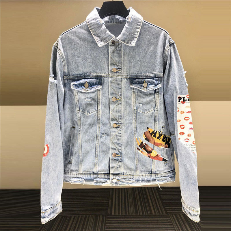 Men's Jackets Mens And Coats European Style Hole Cool Print Denim Men Women Casual Lapel Versatile 230223