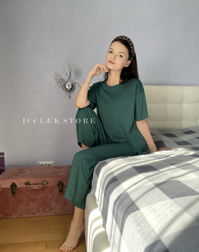 Women's Sleepwear ICCLEK Ladies Ice Silk Pajamas 2 Piece Set Fashion Simple Short-sleeved Home Service Autumn Round Neck Trousers Casual Wear Sui