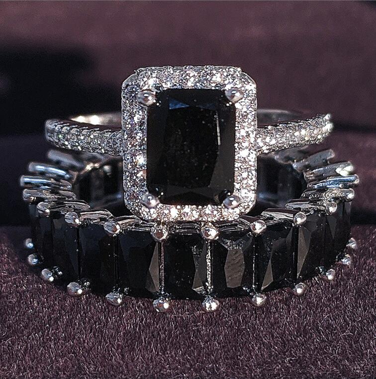2023 Brand Wedding Rings Luxury Jewelry 925 Sterling Silver Fill Radiant Shape Black 5A Cubic Zircon Party CZ Diamond Women Engagement Bridal Ring Set