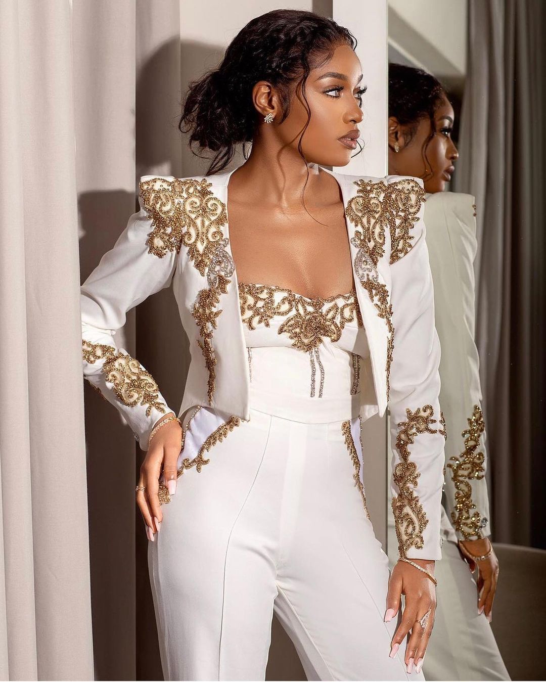 Jumpsuit Black Girls Prom Dress 2023 White With Jacket Long Sleeve Satin Beaded Aso Ebi Evening Dresses Outfit Pant Formal Dress Occasion Custom Robes