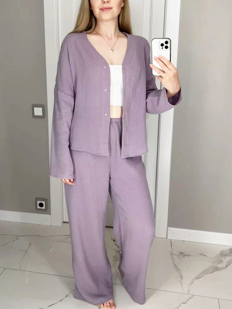 Women's Sleepwear Khaki Pure Cotton Sleepwear V Neck Single Breasted Wide Leg Pants Trouser Suits Drop Sleeves Set Woman 2 Pieces Loungewear 2302
