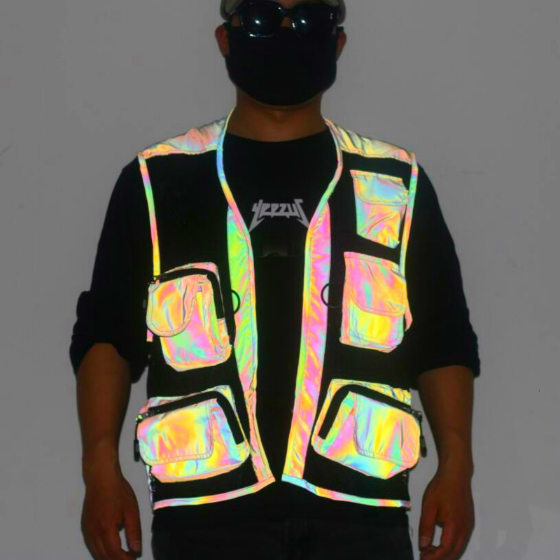 Men's Vests men mesh sleeveless jacket multipocket casual vest colorful reflective fishing rainbow Cargo 230223