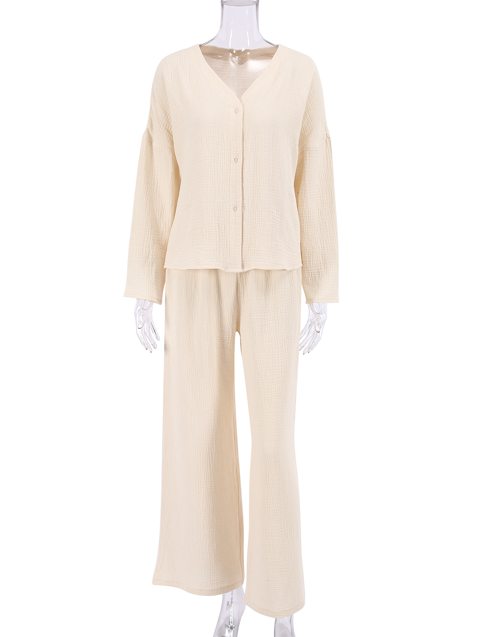Women's Sleepwear Linad Khaki Pure Cotton Sleepwear V Neck Single Breasted Wide Leg Pants Trouser Suits Drop Sleeves Set Woman 2 Pieces Loungewea