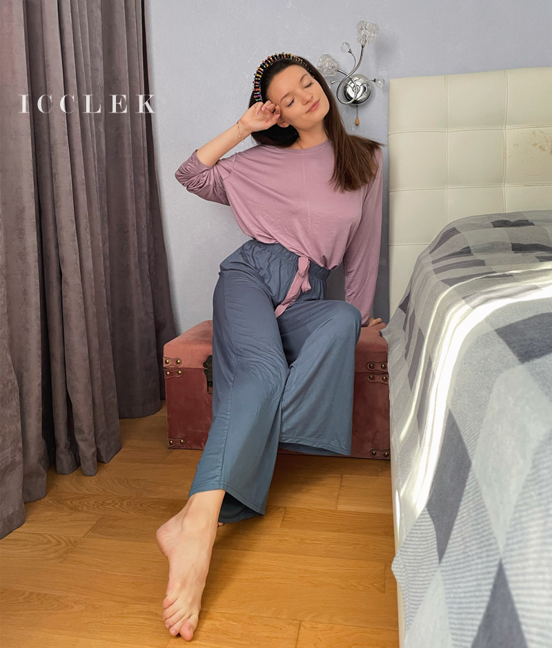 Women's Sleepwear ICCLEK Winter Women's Pajamas Set Modal Cotton Long Sleeves Round Neck Loose Homewear Autumn Pants Casual Wear 2 Piece Set