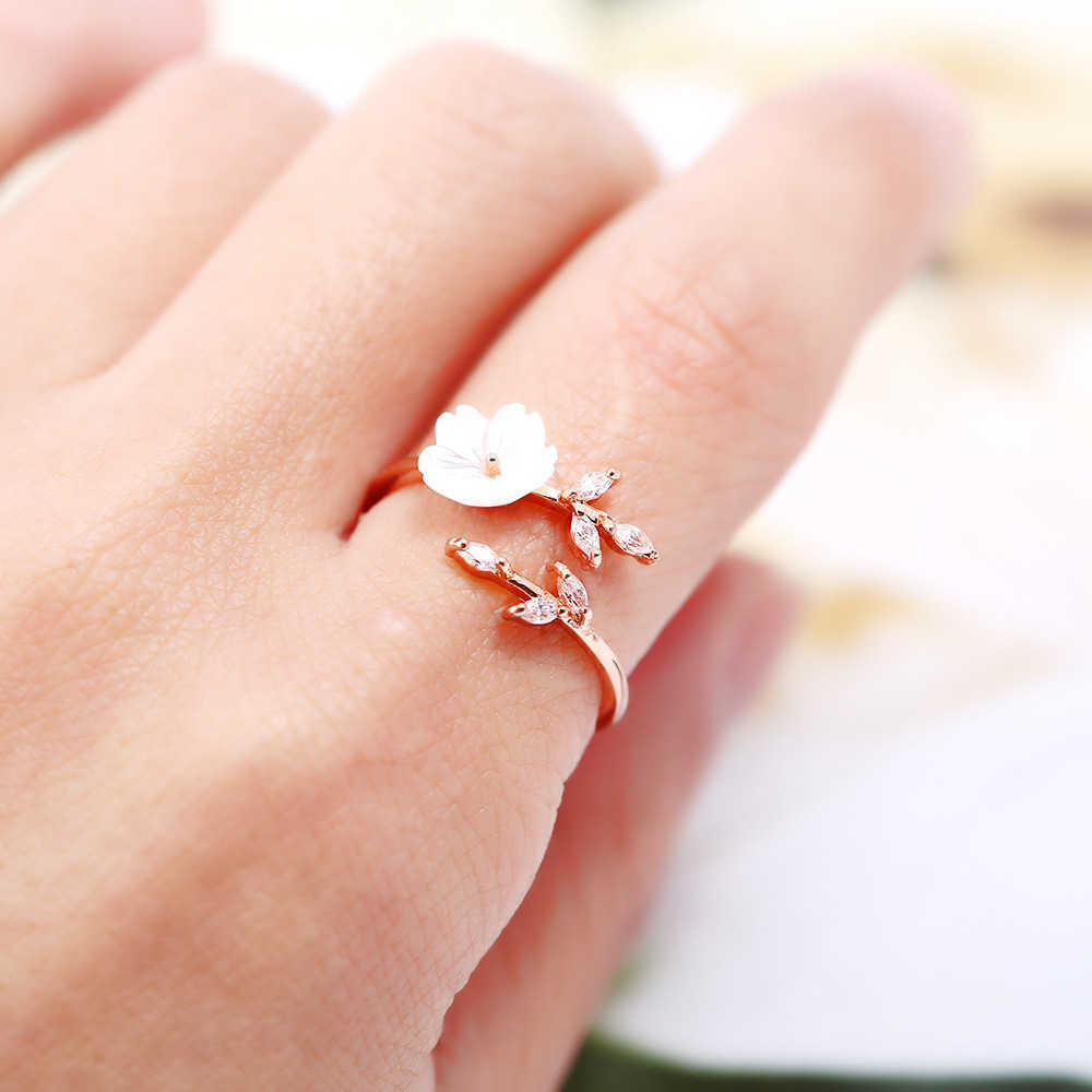 Band Rings New Crystal Copper Flower branch leaf Adjustable Finger Wedding Rings for Women Rose Gold Zircon Open Ring Glamour Jewelry Gift G230213