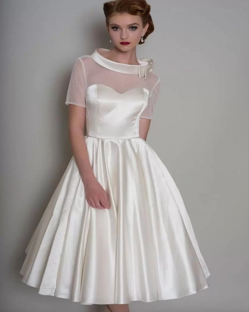 Elegant A-line Short Wedding Dress 2023 For Bride Sleeves O-Neck Illusion Back Tulle Satin Bridal Gowns Vestidos De Noiva